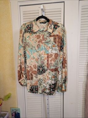 Zara Patchwork Paisley Satin Effect Button Down Shirt - Size L